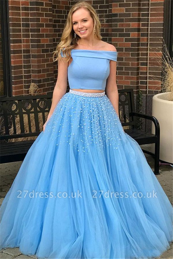 Sexy Blue Off -the-Shoulder Keyhole Prom Dress UKes UK Two Piece Crystal Elegant Evening Dress UKes UK with Beads