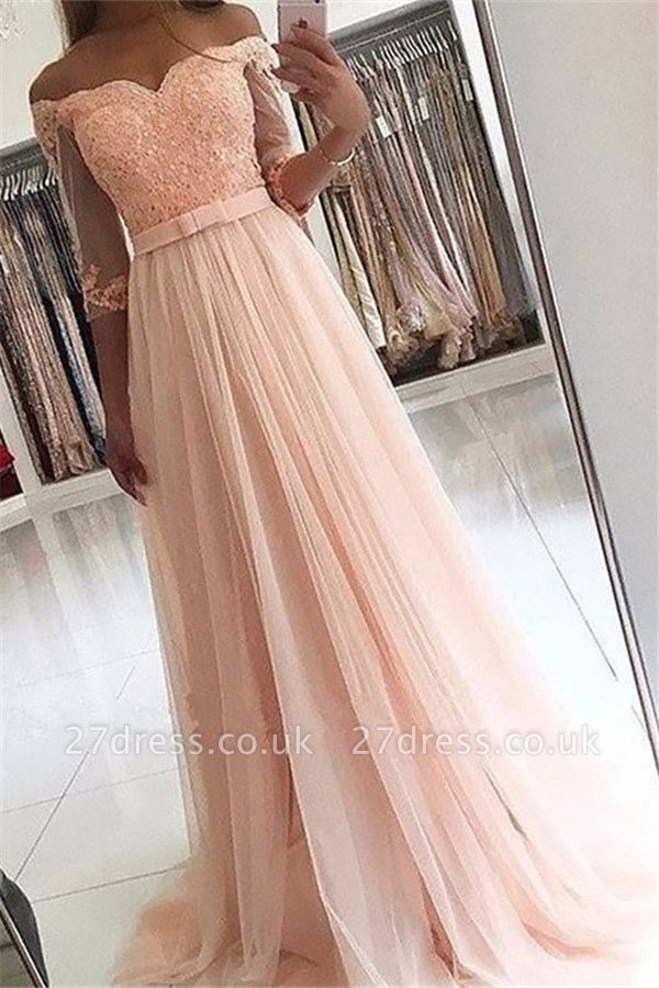 Side-Slit Lace Elegant V-Neck Prom Dress UKes UKBlack Tulle Long Sleeves Evening Dress UKes UK SexyOff-the-Shoulder Beads Long Sleeves Prom Dress UKes UK Lace Tulle Evening Dress UKes UK with Sash