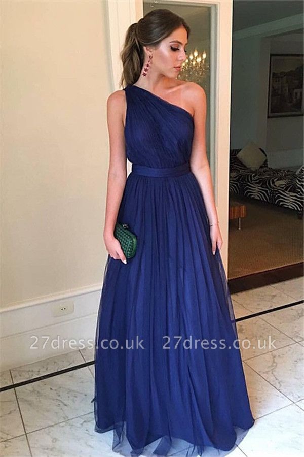 Navy Blue One-shoulder Tulle Prom Dress UKes UK Sexy Sleeveless Formal Dress UK with Sash Sexy