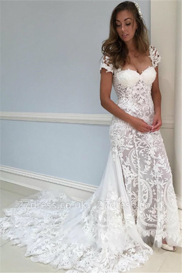 Sheer Appliques Lace Wedding Dresses UK | Sheer Cap Sleeves Floral Bridal Gowns