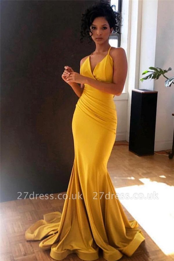 Sexy Yellow Spaghetti-Straps Alluring V-Neck Ruffle Elegant Mermaid Evening Dress UK UK