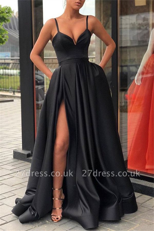 Black Spaghetti Strap Side Slit Prom Dress UKes UK Sleeveless Elegant Evening Dress UKes UK with Pocket