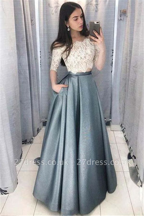 Sexy Lace Appliques Off-the-Shoulder Prom Dress UKes UK Two Piece Sleeveless Evening Dress UKes UK with Pocket