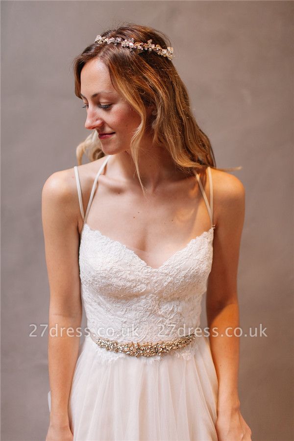 Elegant Lace Crystal Spaghetti-Strap Wedding Dresses UK Sheer Lace Up Sleeveless Floral Bridal Gowns