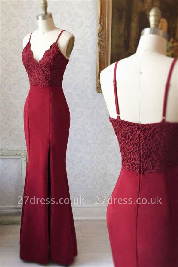 Lace Appliques Spaghetti-Strap Prom Dress UKes UK Side slit Mermaid Sleeveless Evening Dress UKes UK