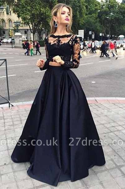 Elegant Black Lace Long Sleeve Prom Dress UK Two Pieces Long Evening Gown