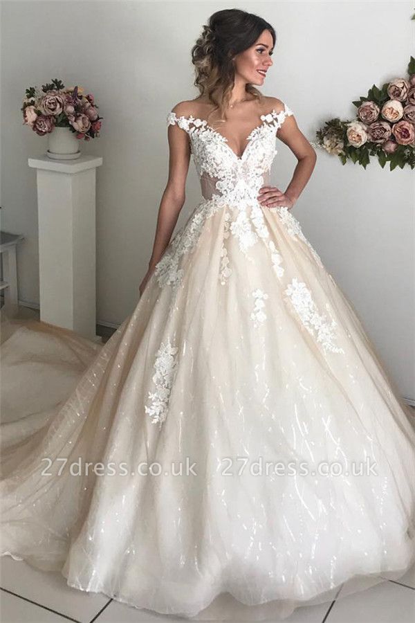 Applique Off-the-Shoulder Wedding Dresses UK Sequins Backless Sleeveless Floral Bridal Gowns