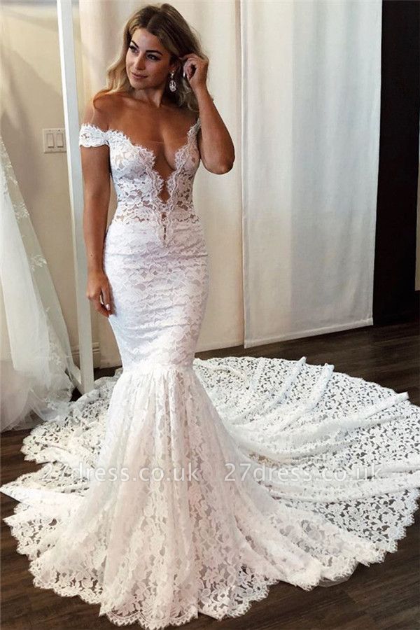 Lace Off-the-Shoulder Wedding Dresses UK Sexy Mermaid Sleeveless Floral Bridal Gowns