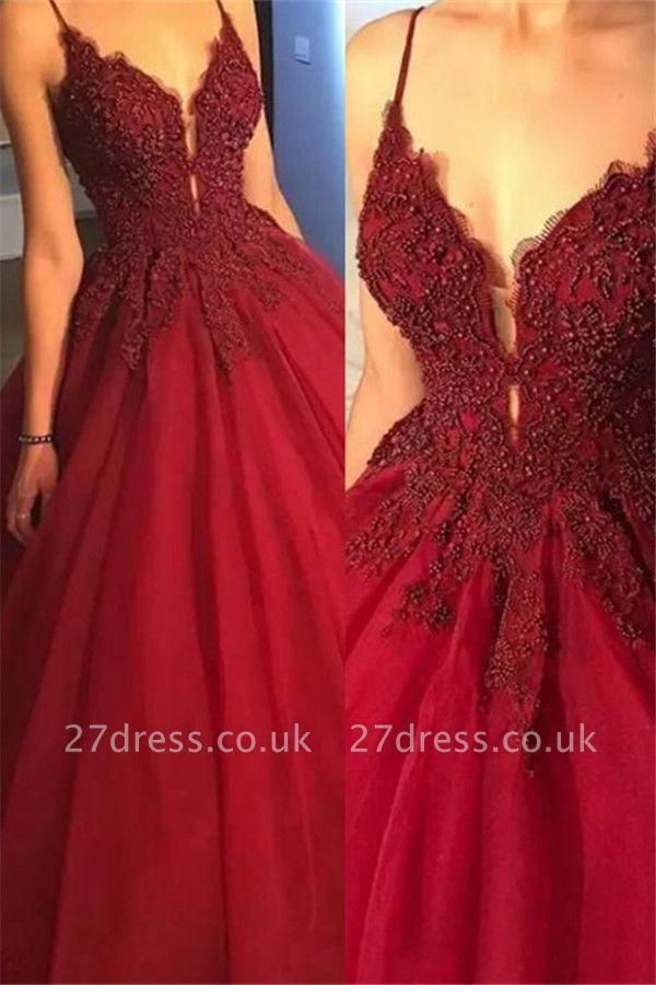 Sexy Spaghetti Strap Beads Prom Dress UKes UK Red Lace Ball Gown Elegant Evening Dress UKes UK