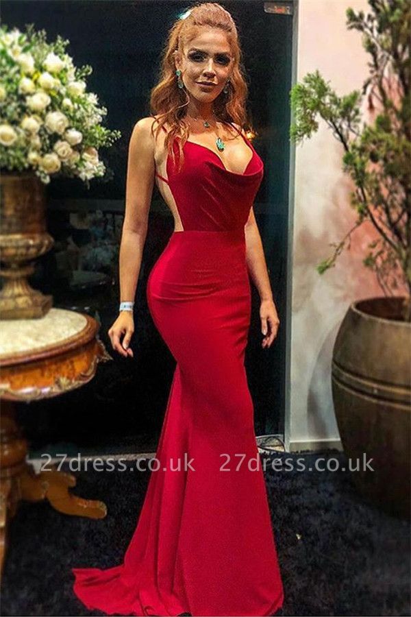 Elegant Trendy Burgundy Maroon Spaghetti-Straps Open back Elegant Mermaid Prom Dress UK UK