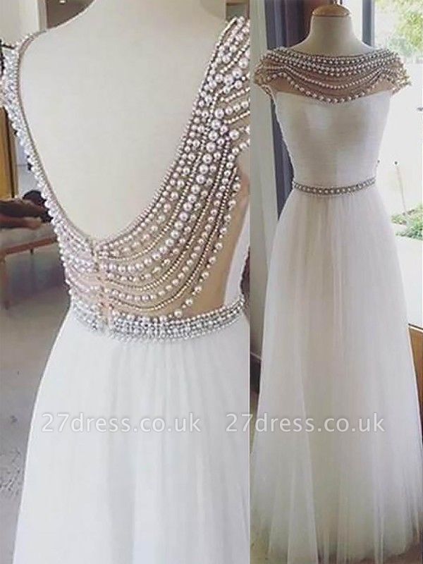 Sexy Jewel Beads Open Back Prom Dress UKes UK Sleeveless Tulle Evening Dress UKes UK with Sash