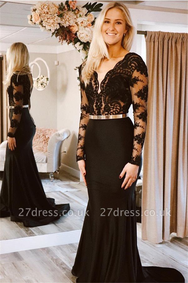 Sexy Timeless black Long Sleeves Lace Applique Long Elegant Trumpt Prom Dress UKes UK UK