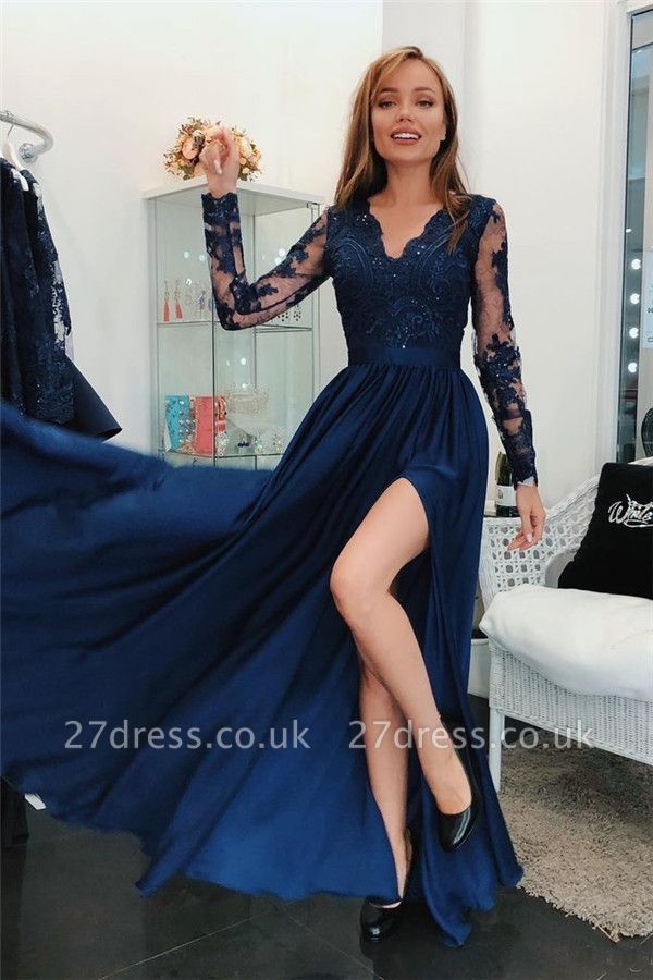 Lace Appliques Elegant V-Neck Prom Dress UKes UK Side slit Sleeveless Evening Dress UKes UK with Beads