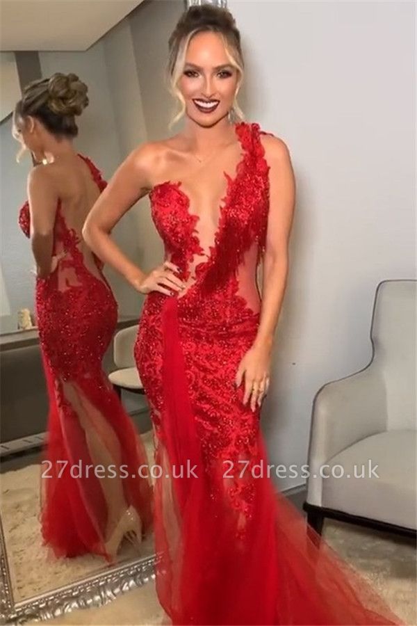 Trendy Burgundy Maroon Asymmetric Lace Applique Open back Elegant Mermaid Tullle Prom Dress UK UKes UK