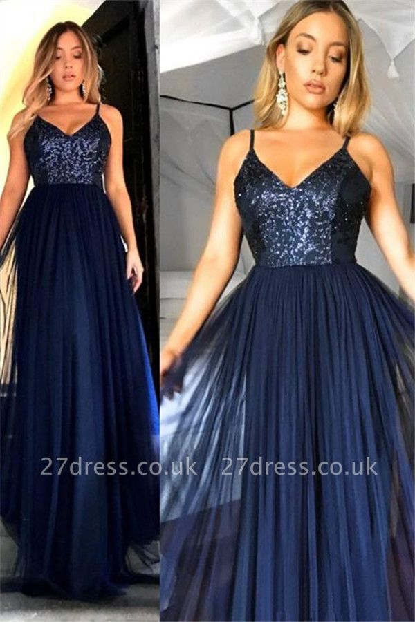 Crystal Spaghetti Strap Open Back Prom Dress UKes UK Tulle Elegant Evening Dress UKes UK with Beads