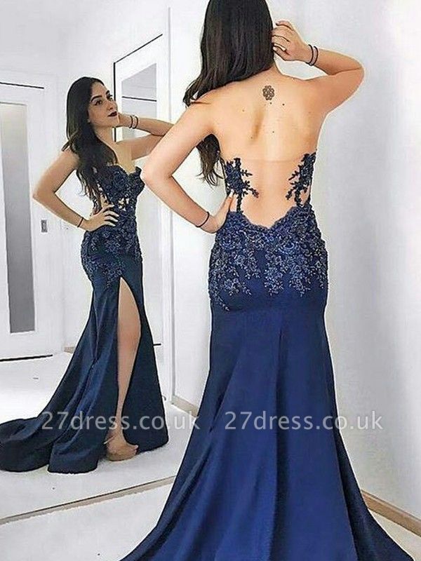 Navy Blue Sweetheart Applique Prom Dress UKes UK Mermaid Open Back Side Slit Elegant Evening Dress UKes UK