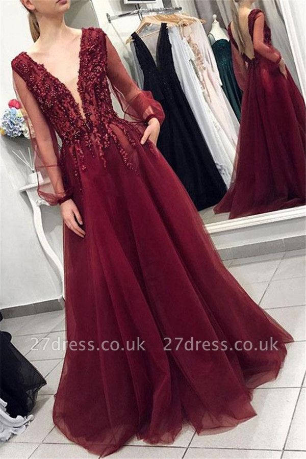 Burgundy Elegant V-Neck Long Sleeves Applique Prom Dress UKes UK Tulle Elegant Evening Dress UKes UK with Beads