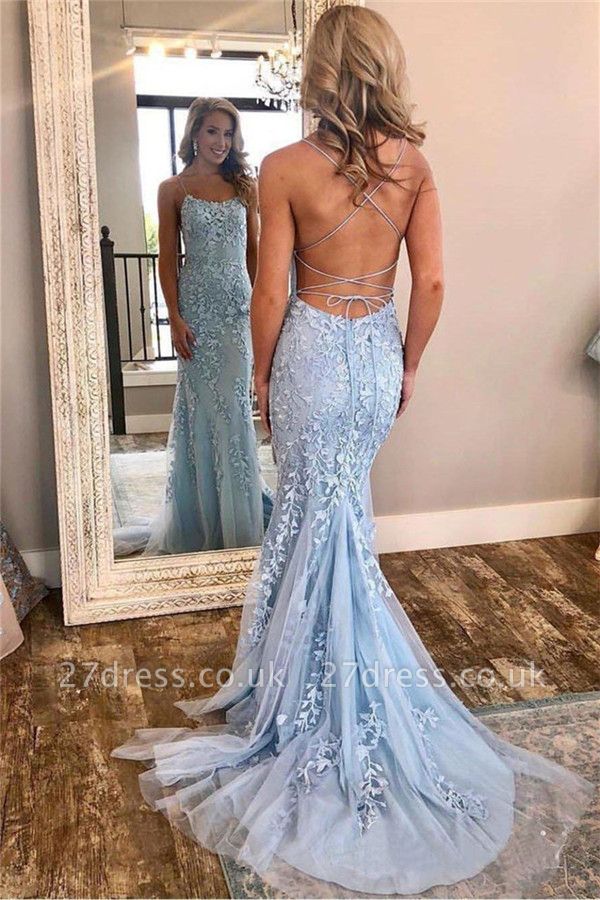 Sexy Lace Appliques Spaghetti Strap Prom Dress UKes UK Lace Up Mermaid Sleeveless Evening Dress UKes UK
