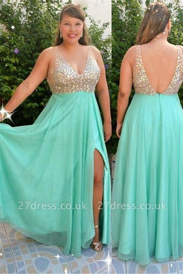 Sexy Sequins Green Elegant V-Neck Prom Dress UKes UK Plus Size Open Back Side-Slit Elegant Evening Dress UKes UK