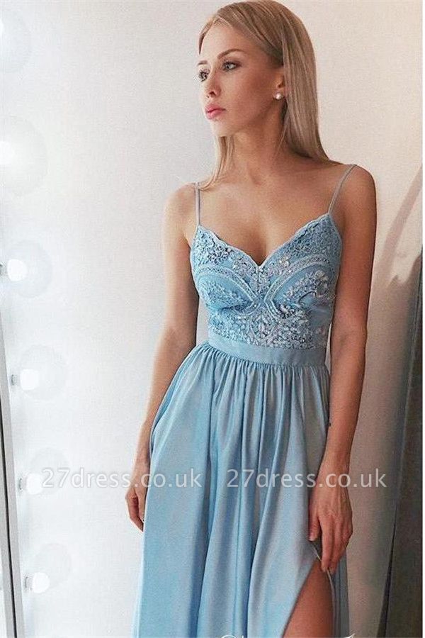 Lace Appliques Crystal Spaghetti-Strap Prom Dress UKes UK Side slit Sleeveless Evening Dress UKes UK
