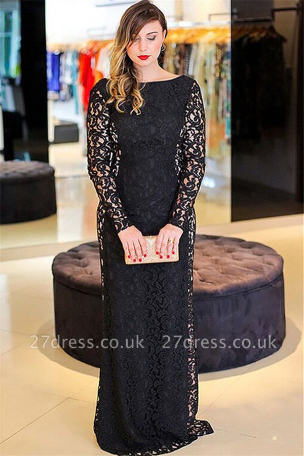 Hi-lo Lace Long Sleeves Lace Prom Dress UKes UK Plus Size Black Plus Size Elegant Evening Dress UKes UK