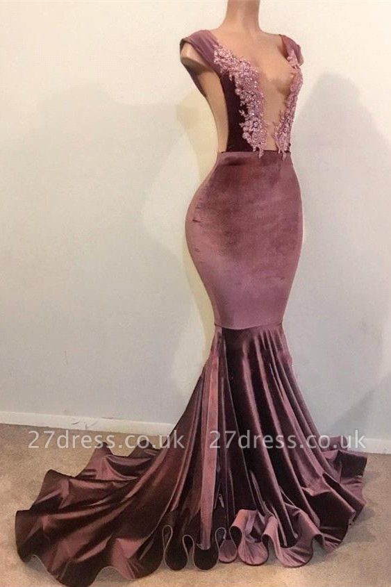 Elegant Mermaid without Sleeve Floor Length Lace Appliques Velvet Prom Dress UK UKes UK