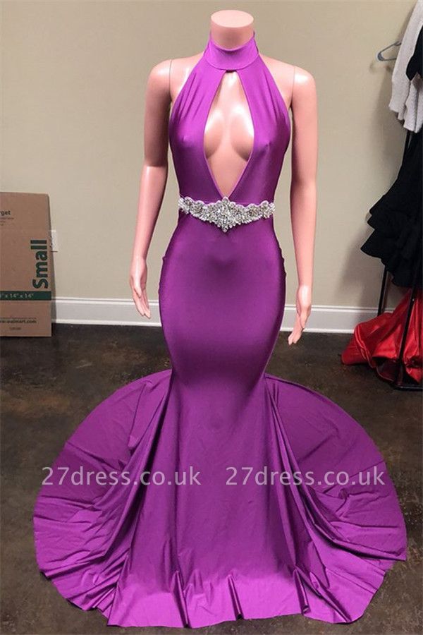 New Arrival Purple Halter Alluring V-Neck Open back without Sleeve Elegant Mermaid Evening Dress UK UK
