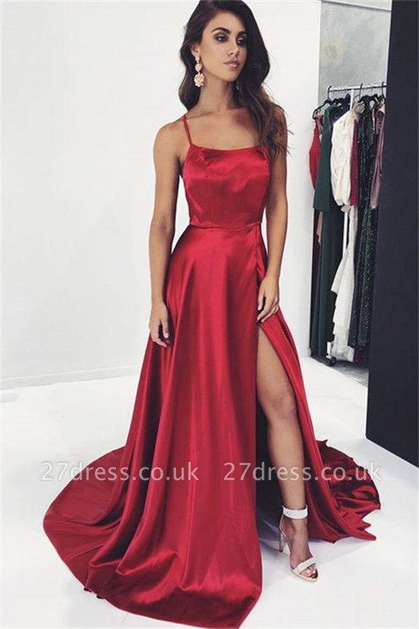 Elegant Trendy Burgundy Maroon Spaghetti-Straps Side-Split A-Line Prom Dress UK UK