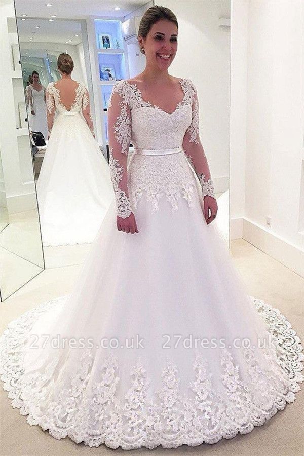 Gorgeous Appliques Wedding Dresses UK | Riboons Longsleeves Floral Bridal Gowns