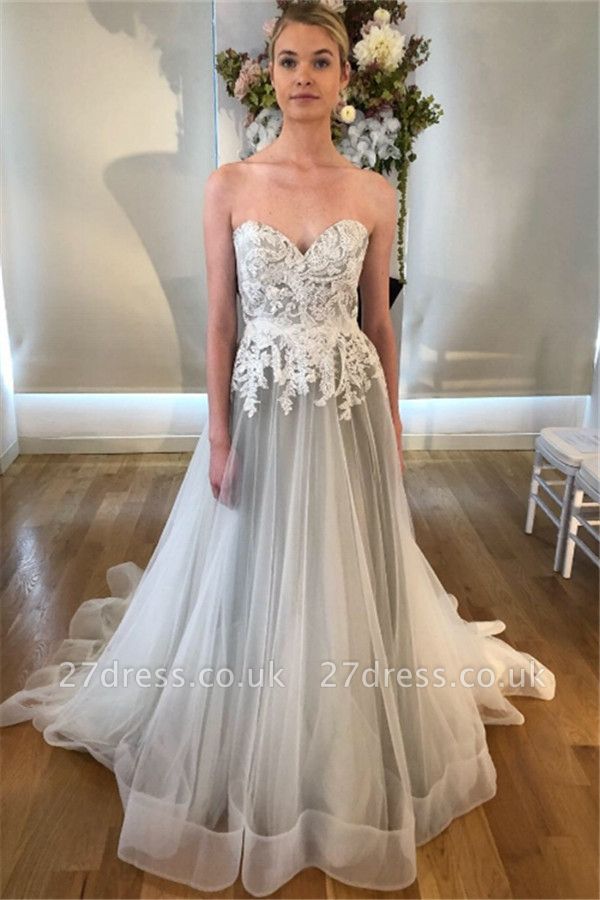 Sheer Appliques Sweetheart Wedding Dresses UK | Sleeveless Backless Floral Bridal Gowns