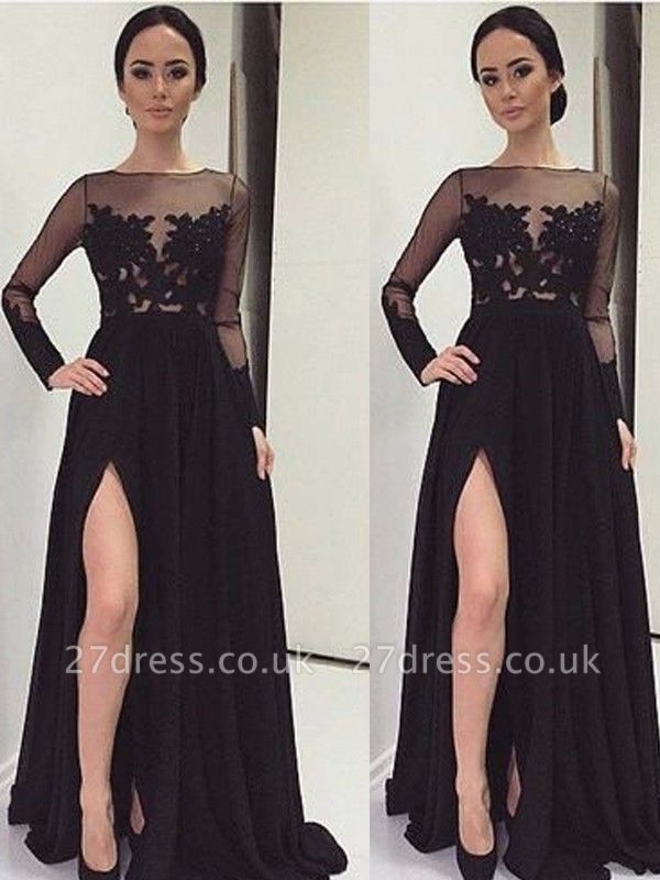 Black Long Sleeve Prom Dress UKes UKLace Bateau Side Slit Tulle Evening Dress UKes UK