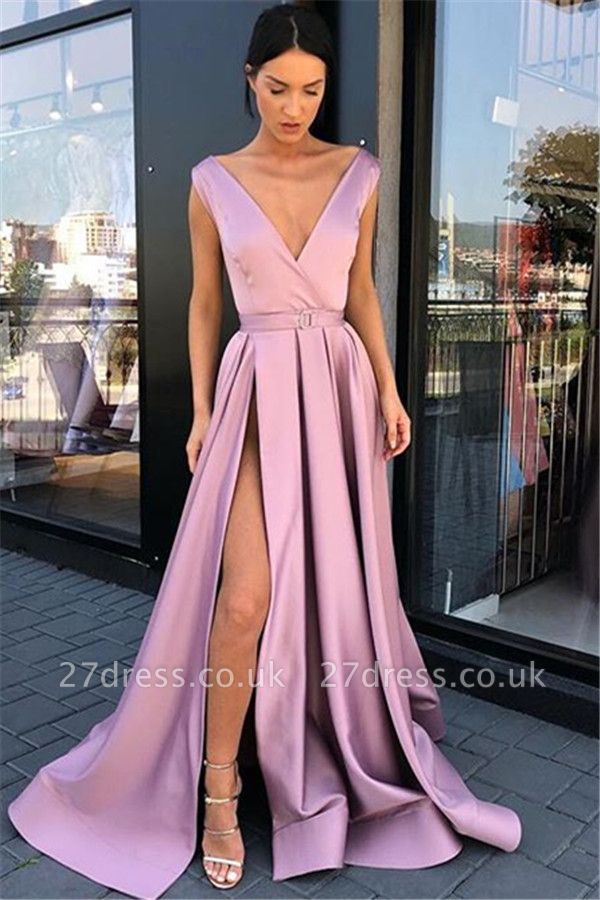 Sexy Pink Straps Deep-Alluring V-Neck Side-Split A-Line Prom Dress UK UKes UK