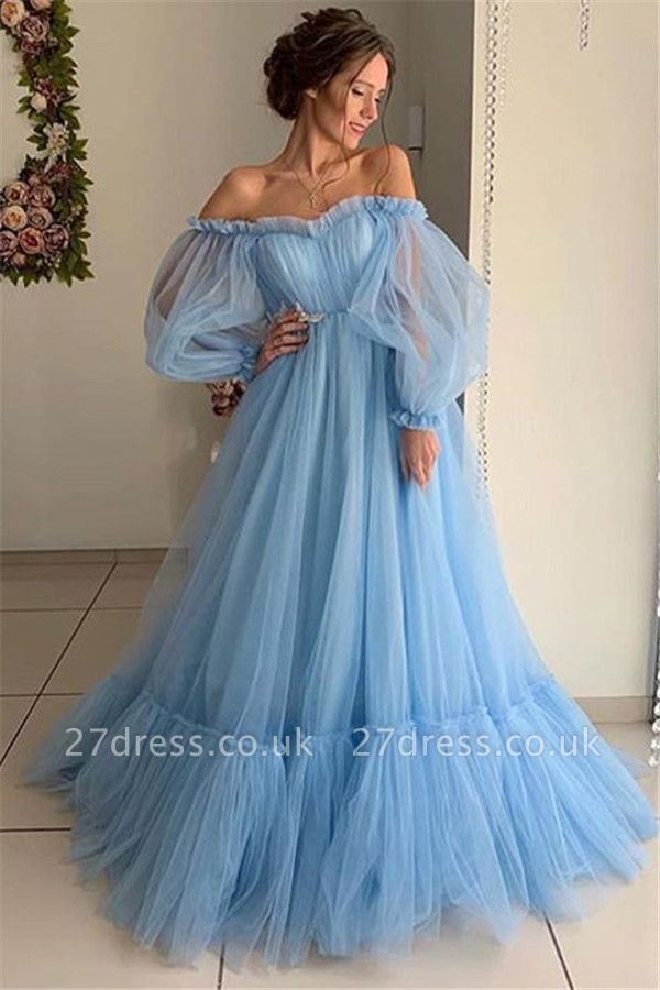 Amazing Off-The-Shoulder with Sleeves Sheer-Tulle A-Line Prom Dress UK UK