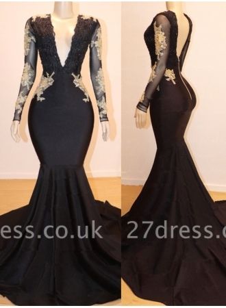 Long Sleeves Lace Appliques Elegant Mermaid Alluring V-Neck Long Prom Dress UK UKes UK