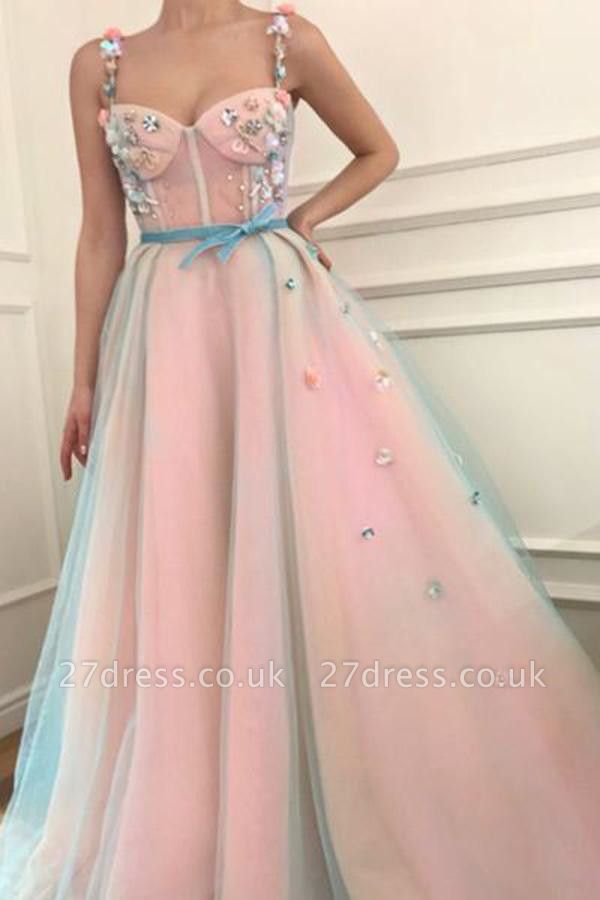 Sexy Flower Bowknot Spaghetti-Strap  Prom Dress UKes UK Ribbons Sheer Sleeveless Evening Dress UKes UK with Beads