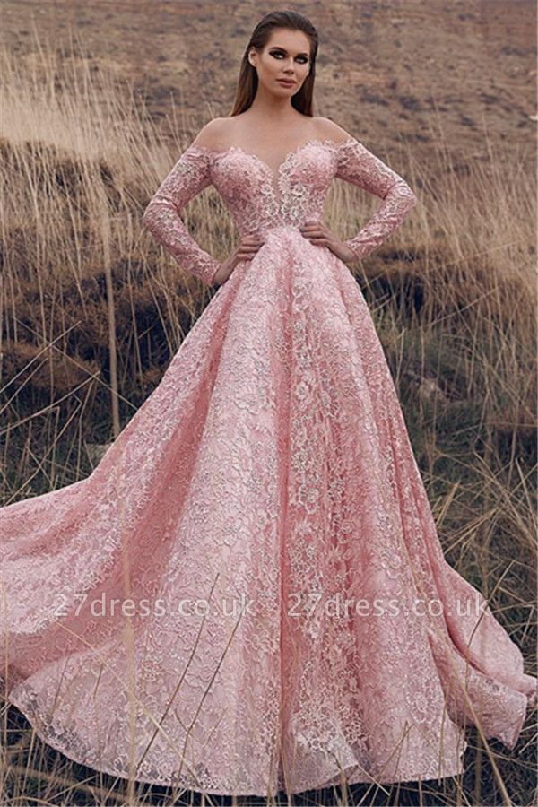 Sexy Pink Off-The-Shoulder with Sleeves Lace Applique Princess A-Line Prom Dress UK UKes UK
