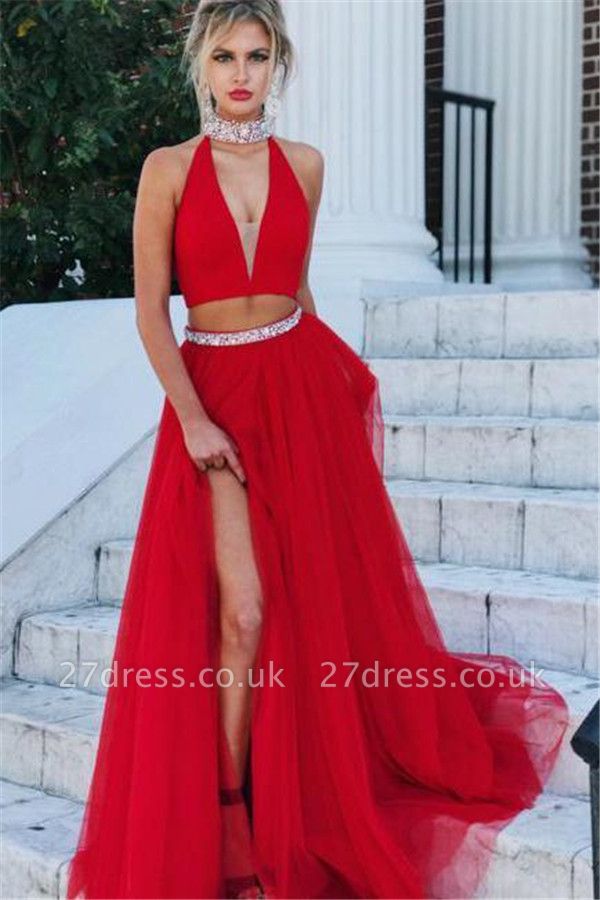 Red Crystal Halter Two Piece Prom Dress UKes UK Side slit A-Line Sleeveless Evening Dress UKes UK