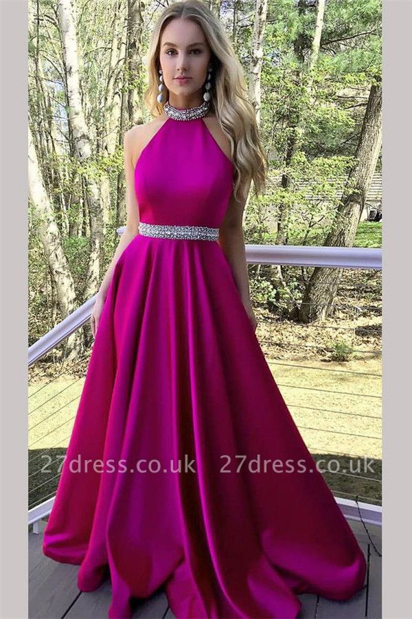 Crystal Halter Prom Dress UKes UK Ribbon Sleeveless Evening Dress UKes UK