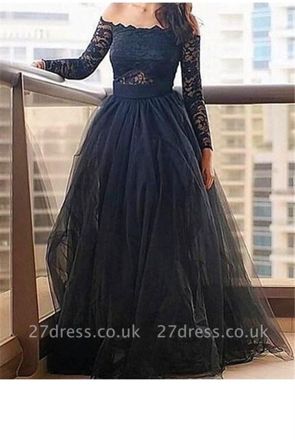 Black Long Sleeves Lace Bateau Prom Dress UKes UK Tulle Sexy Evening Dress UKes UK with Sash