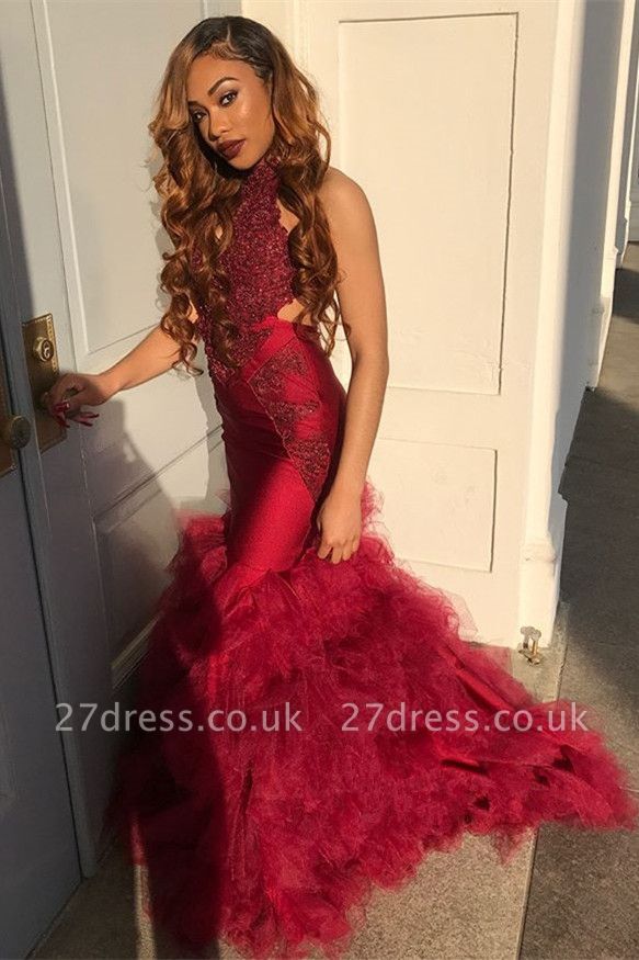 Long Tulle Halter Elegant Mermaid Lace Appliques Prom Dress UK UKes UK