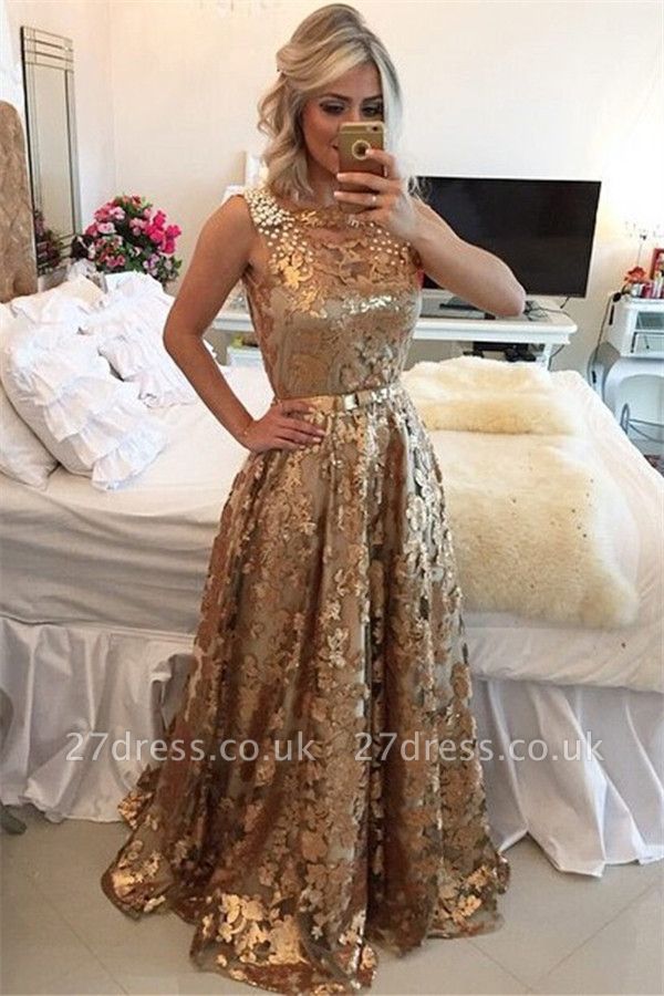 Luxury Gold Straps Beaded Sequins Sleeveless Prom Dress UK
