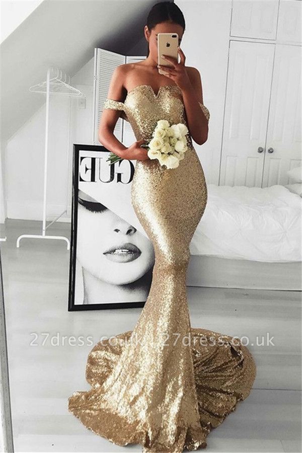 Gold Sequins Off-the-Shoulder Prom Dress UKes UK Sleeveless Mermaid Sexy Elegant Evening Dress UKes UK