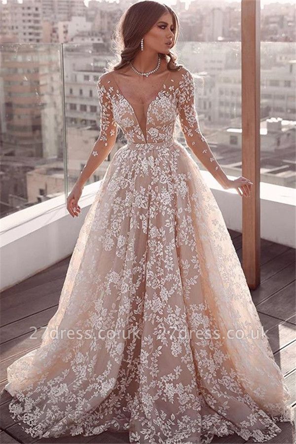 Elegant Lace Applique Wedding Dresses UK Long Sleeves Floral Bridal Gowns