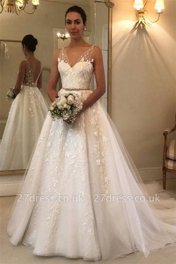 Elegant Sheer Straps Applique Wedding Dresses UK Sleeveless Floral Bridal Gowns with ribbons