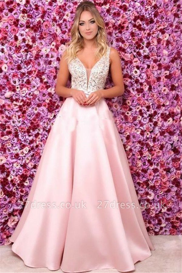 Pink Elegant V-Neck Sequins Ruffles Prom Dress UKes UK Open Back Sleeveless Evening Dress UKes UK