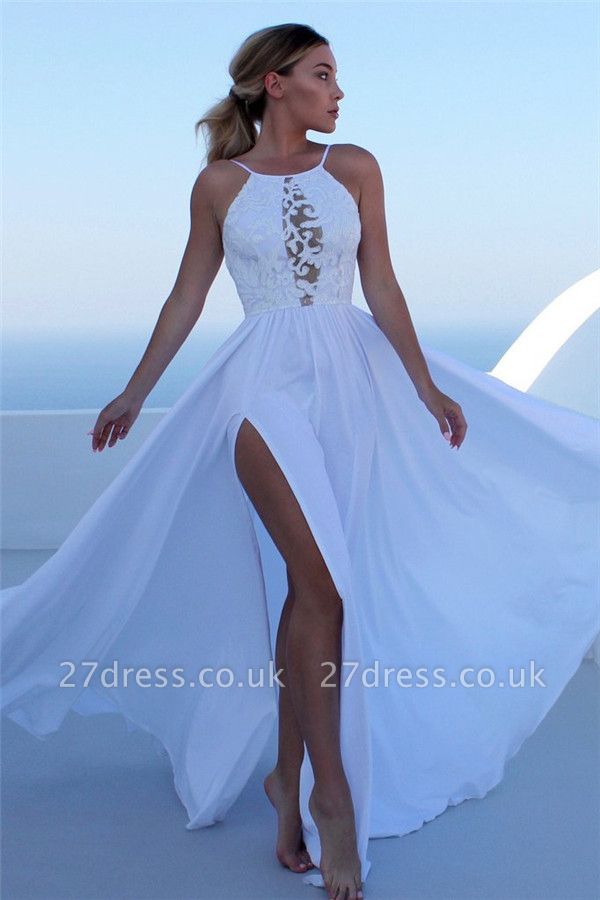 Sexy Lace Appliques Halter Prom Dress UKes UK Side slit Sleeveless Evening Dress UKes UK with Keyhole