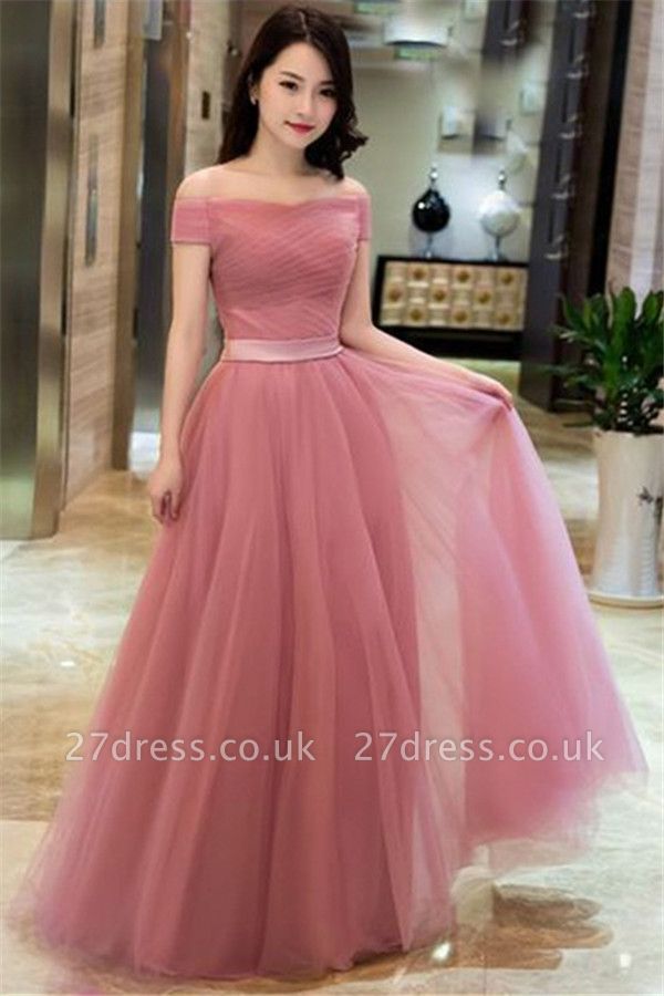 Romactic Pink Off-the-Shoulder Ruffles Prom Dress UKes UK Tulle Sleeveless Elegant Evening Dress UKes UK with Sash