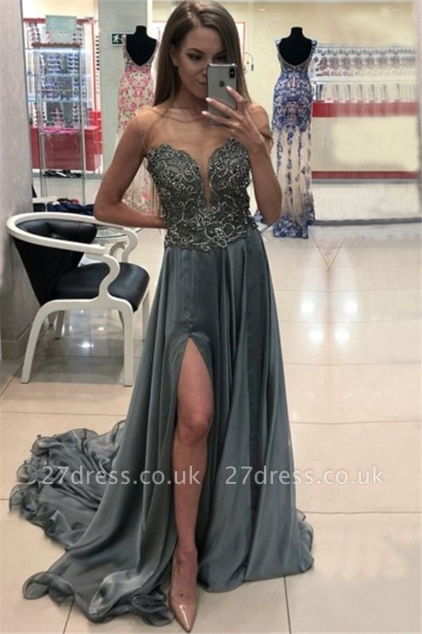 Sexy Jewel Applique Ruffles Prom Dress UKes UK Sleeveless Side Slit Elegant Evening Dress UKes UK with Beads