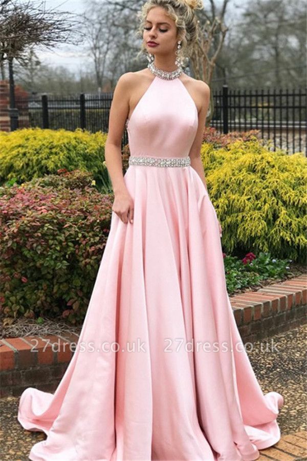 Sexy Pink Halter Crystal Open Back Prom Dress UKes UK Sleeveless Ruffles Elegant Evening Dress UKes UK with Sash
