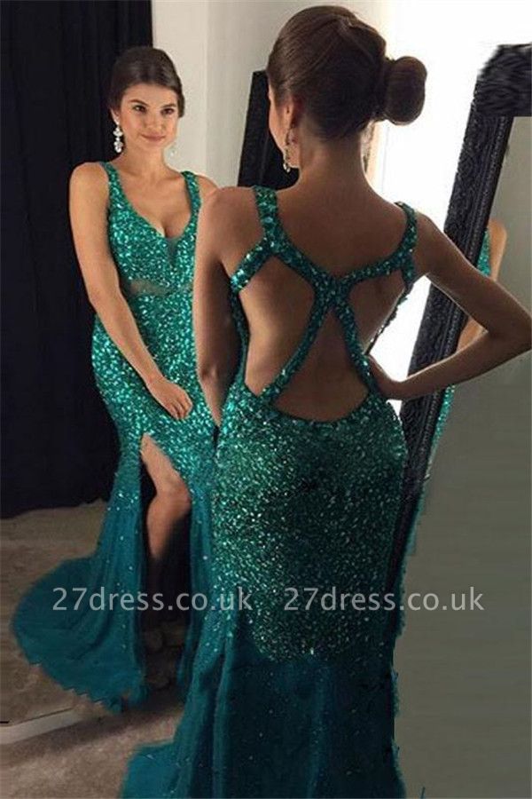 Sequins Straps Prom Dress UKes UK Side slit Mermaid Sleeveless Evening Dress UKes UK